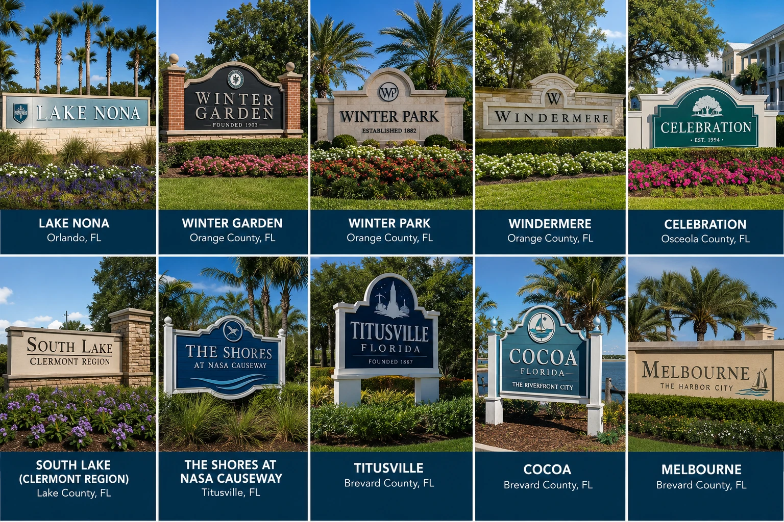 Illustrated collection of Central Florida community entrance signs